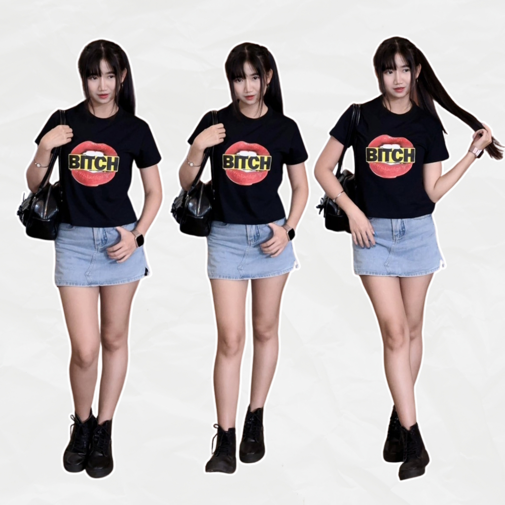 เสื้อยืด ลาย ปาก B-TCH ทรงครอป เบบี้ที ใส่น่ารัก ผ้าคอทตอน100% สกรีนลาย DTF