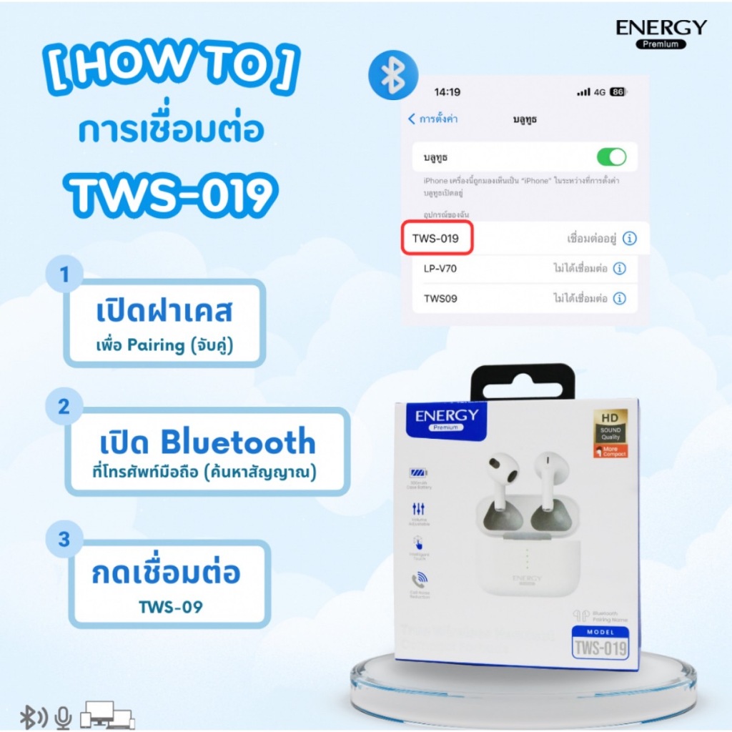 Energy หูฟังบลูทูธ TWS-019 ENERGY หูฟังไร้สาย