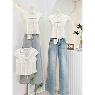 NN709 เสื้อครอปแขนตุ๊กตาผูกโบว์อก ผ้าปักดอกไม้ Peekanong🌷