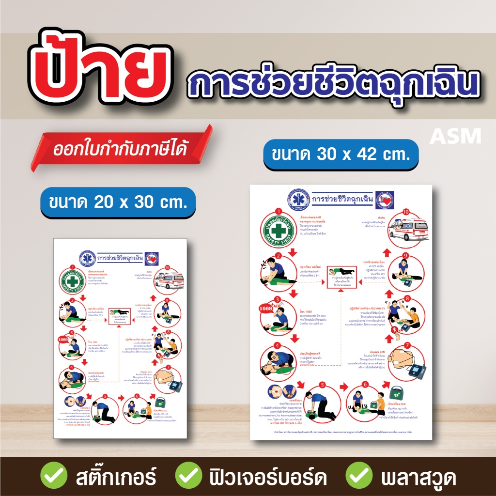 SS086 - ป้ายการช่วยชีวิตฉุกเฉิน มี 2 ขนาด - วัสดุ สติ๊กเกอร์ / ฟิวเจอร์บอร์ด / พลาสวูด