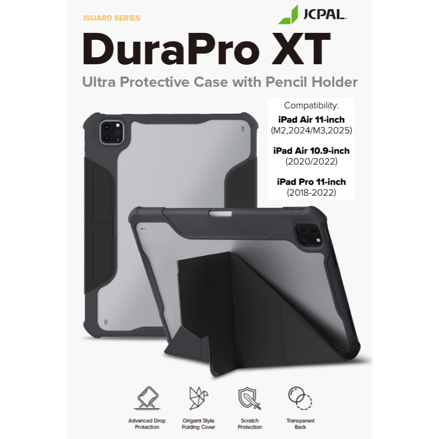 JCP DuraPro XT ที่สุดของเคสแบบกันกระแทกและกันงอสำหรับไอแผด โปร 11” เจน 1-4 และ แอร์ 11”/10.9” สีดำ