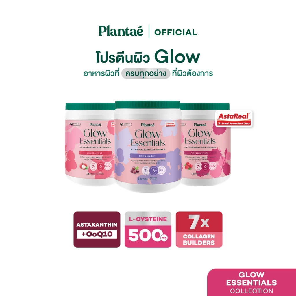 Plantae Glow Essentials กระปุก โปรตีนพืช อาหารผิว Astaxanthin แอสต้าแซนธิน CoQ10 Collagen โปรตีนจากพืช plant based