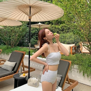 ชุดว่ายน้ำ bikini บิกินี่ทูพีช เอวสูง เซ็กซี่ ลายเกาหลี มีฟองน้ำ summer#0593