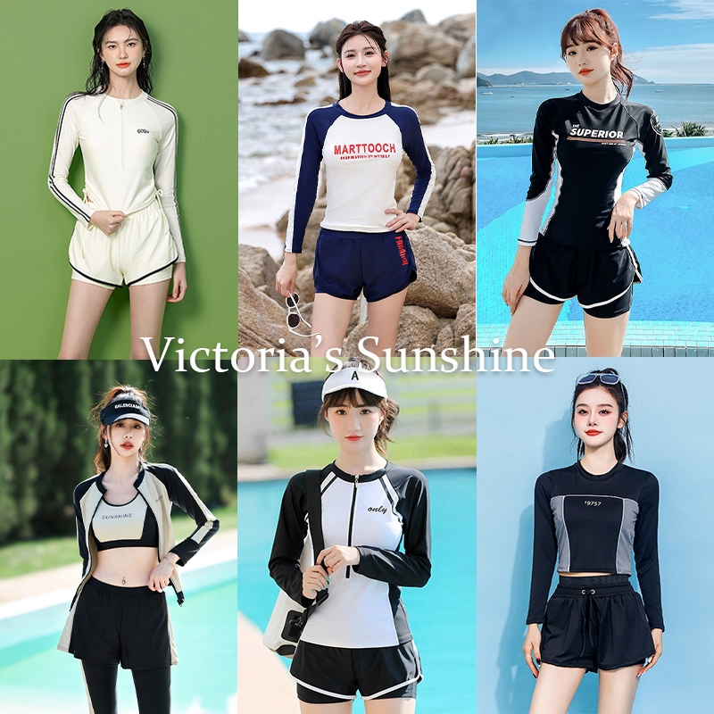 ชุดว่ายน้ําผู้หญิงแขนยาวขาสั้น ว่ายน้ำ กีฬา ชุดหลายชิ้น เสื้อกีฬาสาวอวบ#112