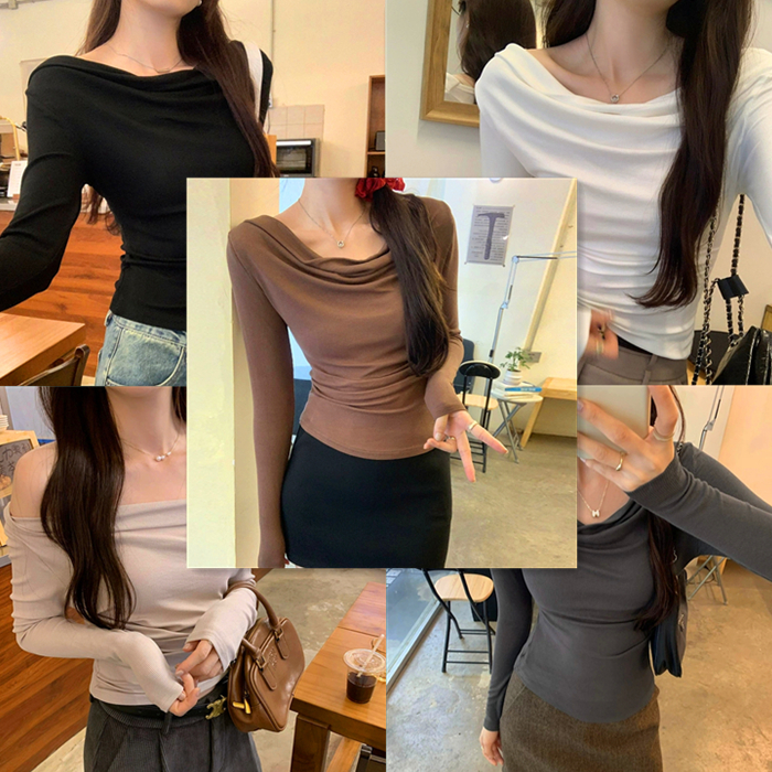 B17 เสื้อยืดแขนยาว เสื้อเปิดไหล่  5สี4ไซส์ เสื้อครอปสำหลัผู้หญิง ปาดไหล่ สไตล์เกาหลี