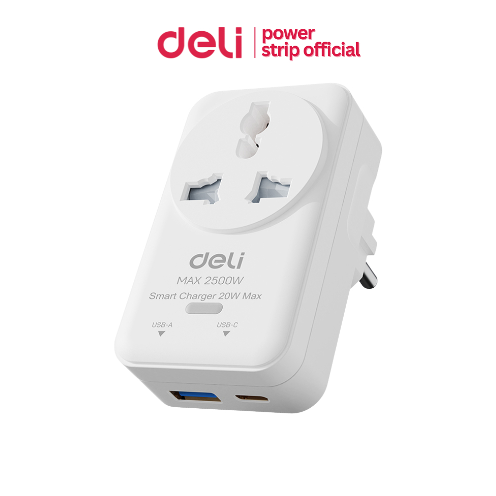 Deli ปลั๊กแปลง หัวแปลงปลั๊ก อแดปเตอร์ USB-A/USB-C ชาร์จเร็ว 12W 20W ไฟสูงสุด 250
