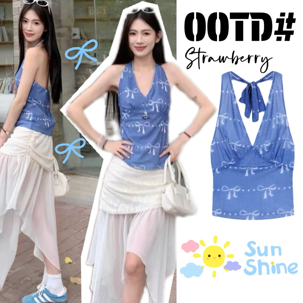 STR💙พร้อมส่ง💙เสื้อคล้องคอ เสื้อครอปพิมพ์โปว์น่ารักสีฟ้า คอวีลึก ผูกคอโบว์ใหญ่โชว์หลัง แซ่บ เซ็กซี่แฟชั่น สไตล์เกาหลีY2K