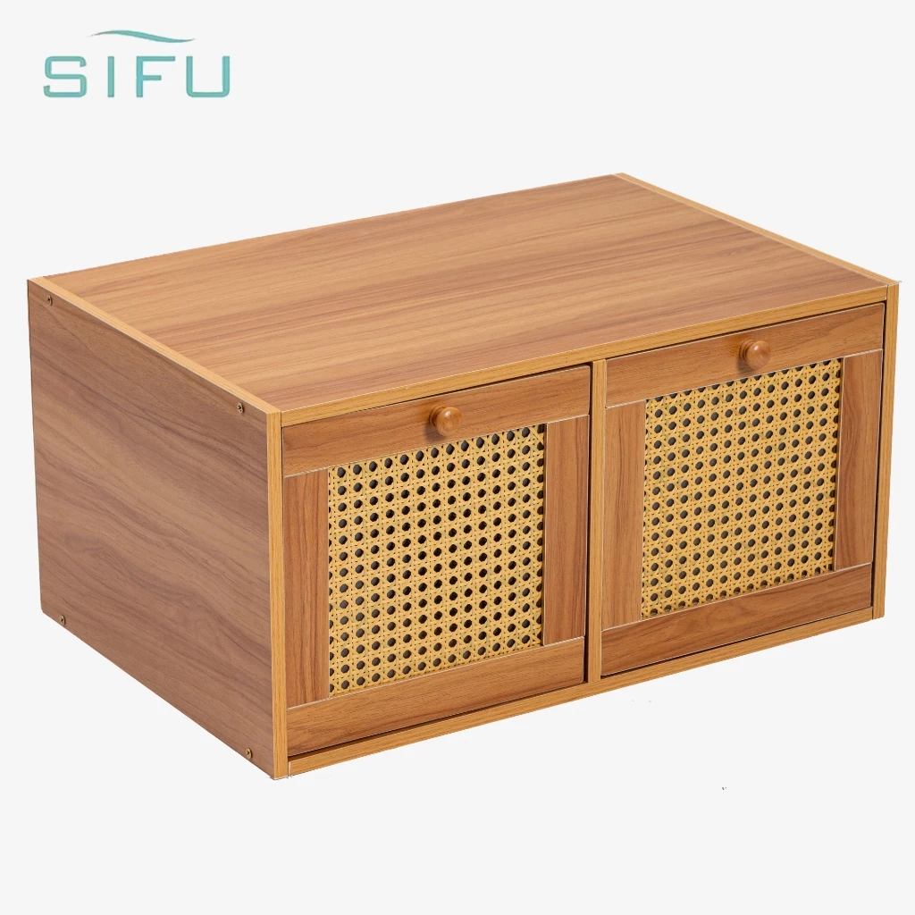 SIFU โต๊ะหวายสานตู้เก็บสองช่องฟรีตู้รวมชั้นวางหนังสือโต๊ะพร้อมประตูตู้หนังสือตู้เก็บของแคระ