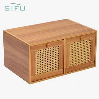 SIFU โต๊ะหวายสานตู้เก็บสองช่องฟรีตู้รวมชั้นวางหนังสือโต๊ะพร้อมประตูตู้หนังสือตู้เก็บของแคระ
