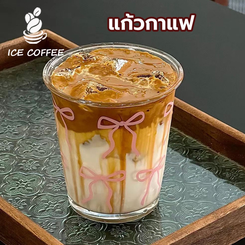 ICE COFFEE แก้วกาแฟ 350ml แก้วน้ำลายโบว์สีชมพู เนื้อหนาพิเศษ แก้วมัทฉะ สำหรับร้านกาแฟ 7GDJ