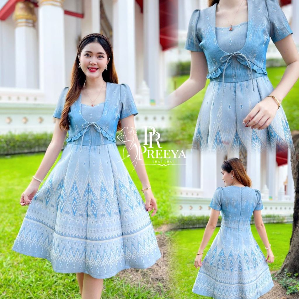 PR107 เดรสผ้าฝ้ายทอลาย อัดกาวทั้งชุด คัตติ้งเนี๊ยบ มีไซส์ S-2XL แบรนด์ preeya