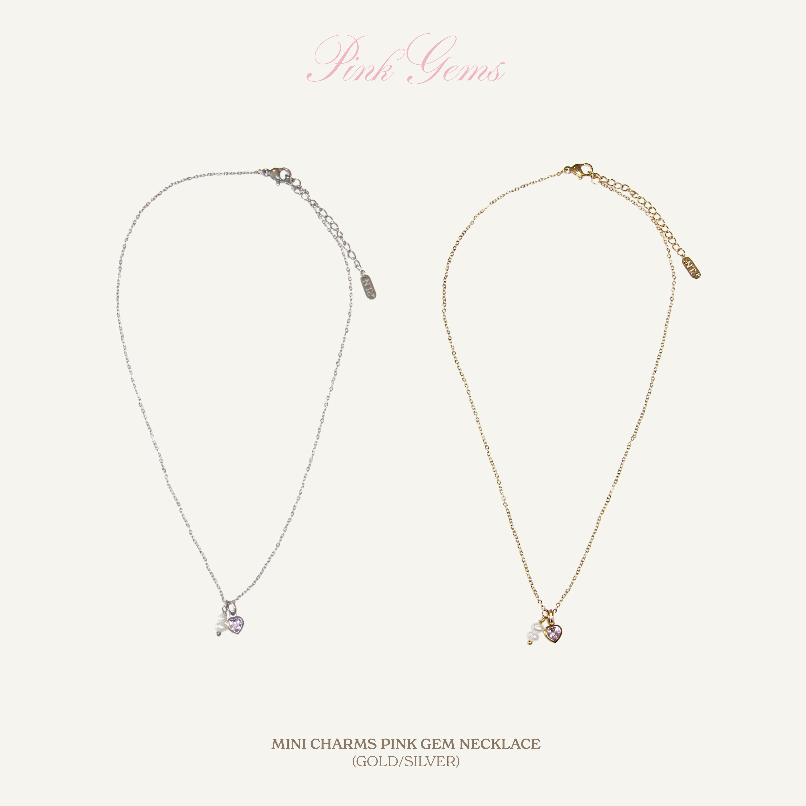nice try studio - Mini Charms Pink Gem Necklace สร้อยคอจี้เพชรหัวใจ ไข่มุก