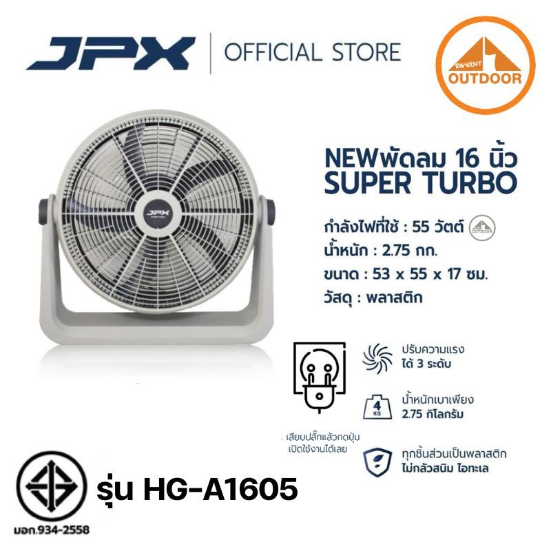 พัดลมแคมป์ปิ้ง JPX 16 นิ้วรุ่นใหม่ปี 2025 #White เสียบปลั๊คมีสายไฟยาว 4 เมตร รับประกันมอเตอร์ 3 ปี