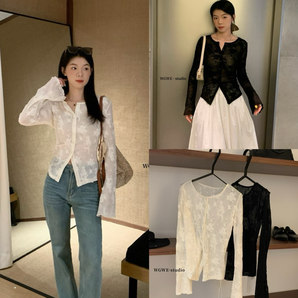 6885# เสื้อแขนยาวลูกไม้ งานกระดุมหน้า เนื้อผ้ายืดหยุ่นได้เยอะ งานสวย TAG:WG.WE 🇰🇷