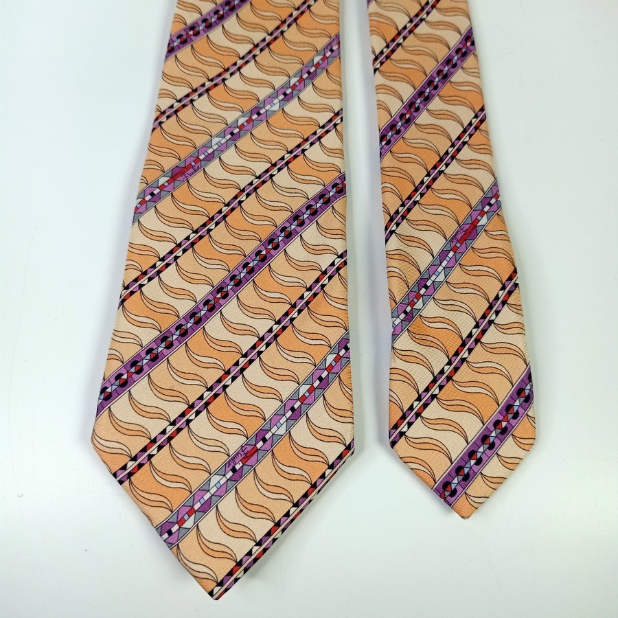 เนคไทมือสอง Emilio Pucci Men's Silk Tie Waves Striped Colorful Orange Made in Italy