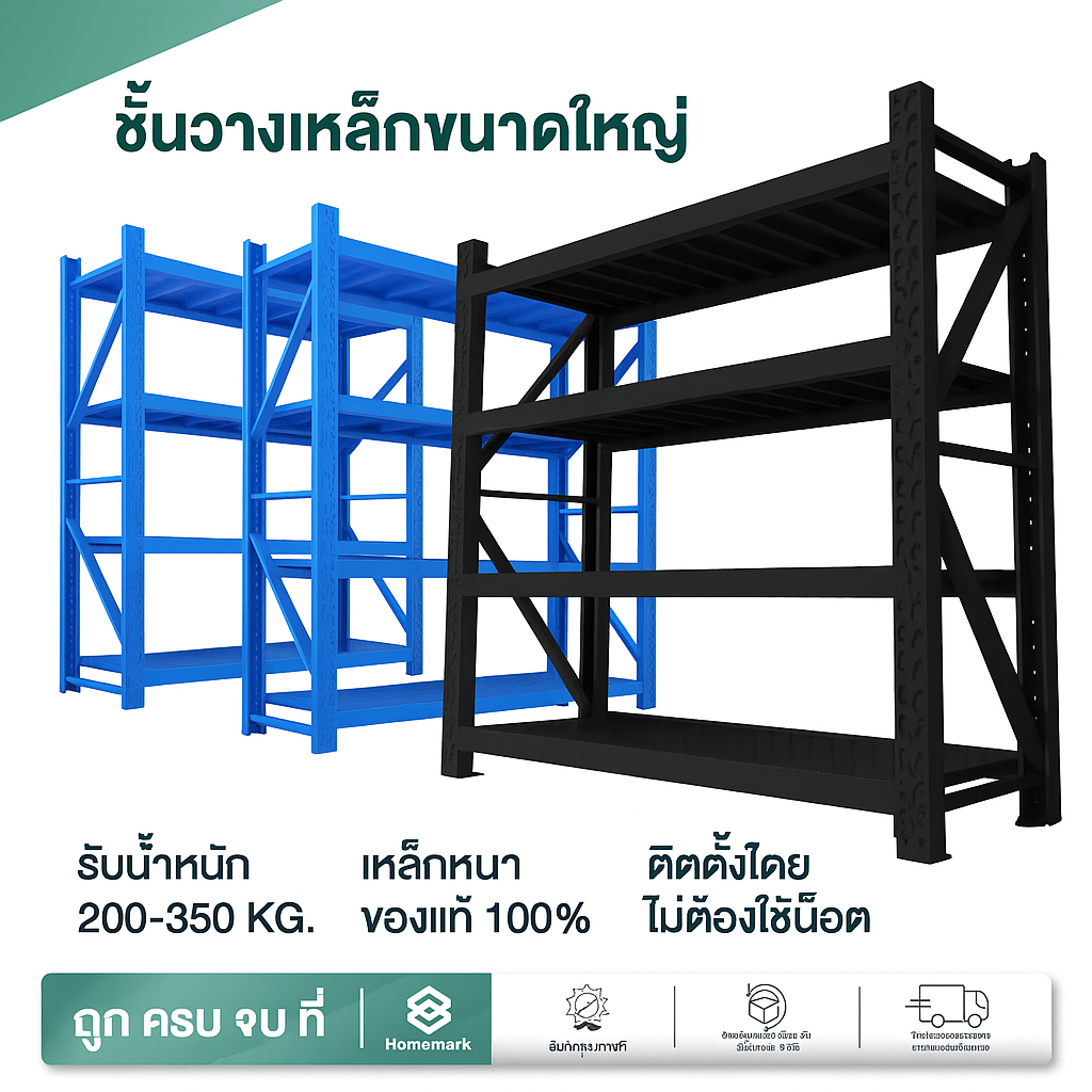 Homemark ส่งฟรี! ชั้นวางเหล็ก โรงงาน เก็บสินค้า เหล็กแท้100%ในโกดัง ชั้นเหล็กไม่ใช้สกรู โครงสร้างแข็ง รองรับ500กิโล/ชั้น