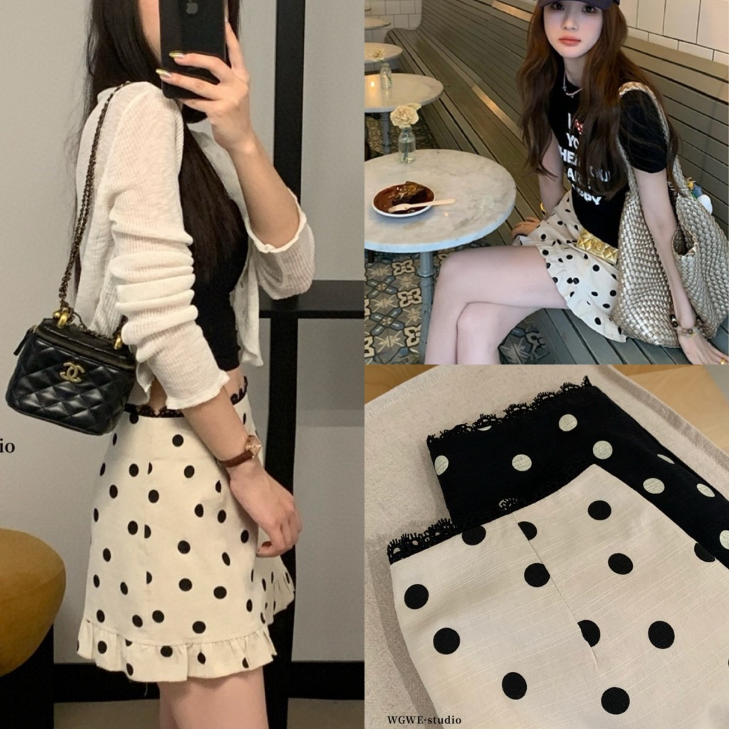 ❤ 🧵 🇰🇷 W6608 กระโปรงสั้น ลายจุด แต่งขอบเป็นผ้าลูกไม้ ชายแต่งผ้าระบาย แฟชั่นเกาหลี TAG WG.WE ✈