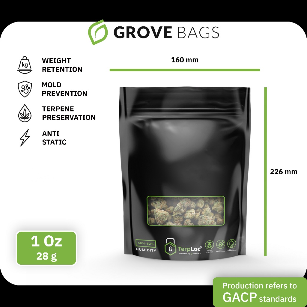 ถุงบ่ม Grove Bags Curing Bag 1 oz (28g)20 ชิ้น พร้อม TerpLock รักษากลิ่น ป้องกันเชื้อรา under GACP