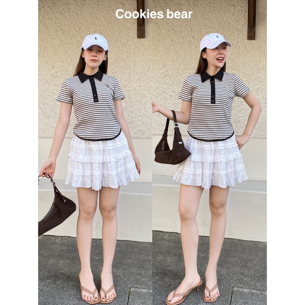 C100 - Cookies Bear 🎱 เสื้อเชิ้ตคอปก โปโลแขนสั้นผ้ายืดลายริ้วเนื้อผ้านิ่ม