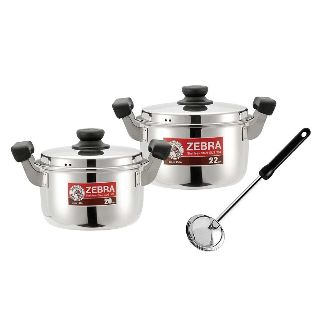 ZEBRA ชุดหม้อหุงต้ม รุ่น Carry 5 ชิ้น ประกอบด้วยหม้อหุงต้มcarryขนาด20,22ซมพร้อมฝาปิด กระบวยFocus1อัน
