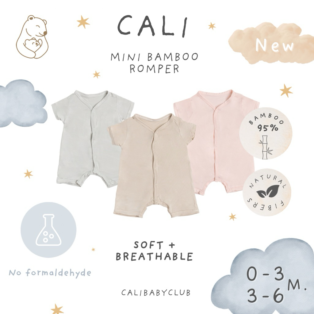 Cali ชุดรอมเปอร์ 0-3/3-6 เดือน ผ้าใยไผ่🌿95%สีพื้นพาสเทล ระบายอากาศ สัมผัส นุ่มลื่นเย็น*ป้ายCali baby
