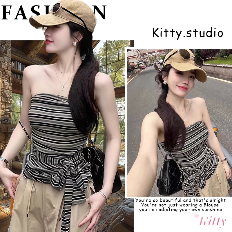 Kitty พร้อมส่ง🌸พิมพ์ลายขวาง เสื้อเกาะอกผู้หญิง🌸ทรงกระชับเอว เสื้อครอป ดีไซน์เชือกผูกเอว ชุดไปเที่ยว สไตล์เรียบหรู