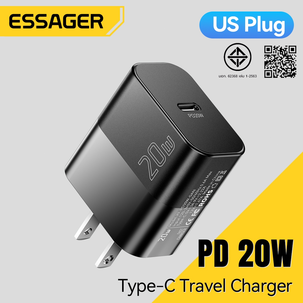 Essager อะแดปเตอร์ชาร์จเร็ว Type C 20W สำหรับโทรศัพท์แบบพกพา PD2.0、QC3.0