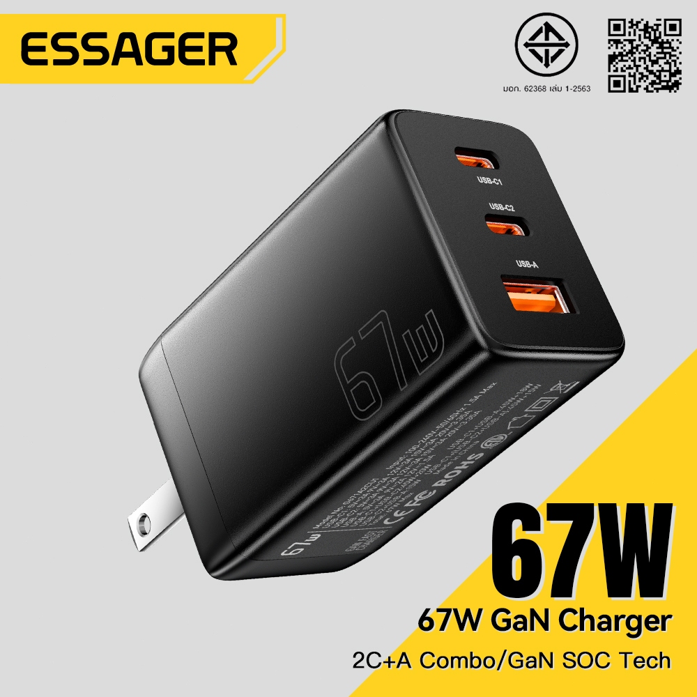 Essager GAN 67W 1USB 2Type C อะแดปเตอร์ชาร์จไฟเร็ว PPS PD QC 4.0 สำหรับโทรศัพท์