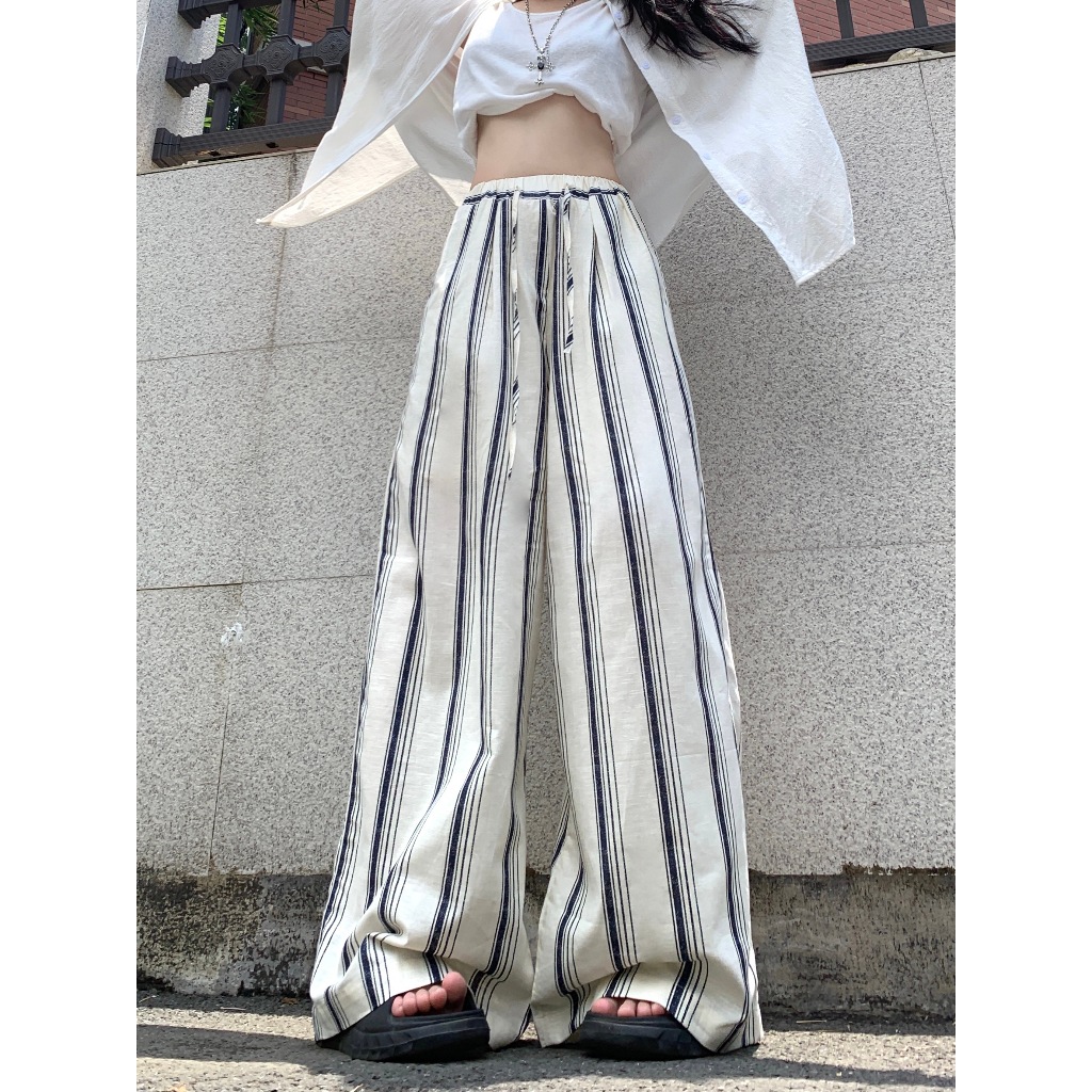 กางเกงลายทาง กางเกงลำลอง เอวยืดได้ มีเชือกที่เอว สไตล์เลซี่ ทรงหลวม #1501254