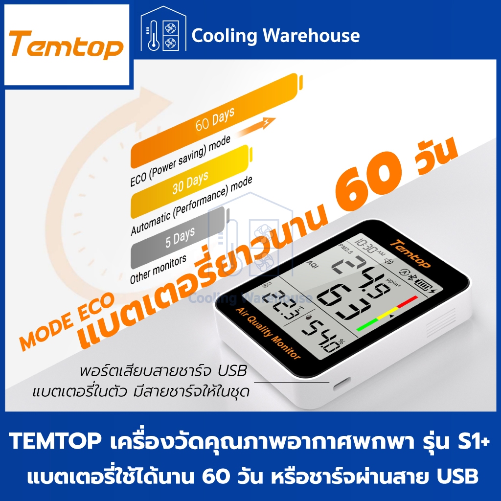 Temtop S1+ เครื่องวัดคุณภาพอากาศแบบพกพา เชื่อมต่อบลูทูธ (4in1) เครื่องวัดฝุ่น PM 2.5, อุณหภูมิ, ความชื้น, AQI รุ่น S1+ ราคา ถูกที่สุด ดีลบีเคเค แกลเลอรีภาพที่ 7