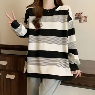 พร้อมส่งในไทย**เสื้อแขนยาวลายทางผ้าโพลี ทรงเกาหลี Y263