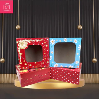 กล่องเค้ก 1 ปอนด์ พิมพ์ลาย กระดาษหลังเทา ขนาด 20x20x9 CM. (10ใบ/แพ็ค)