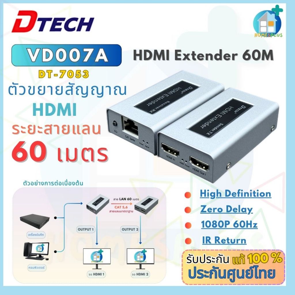 DTECH รุ่น VD007A HDMI Splitter 1:2 + Extender 60m