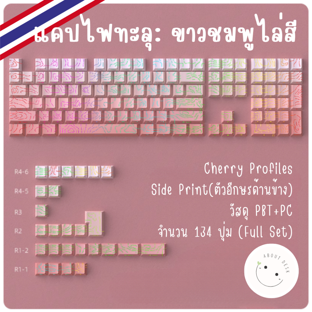 คีย์แคปไฟลอด ไฟทะลุลาย pbt cherry side print keycaps Shine-Through pbt pc Full Set 136 ปุ่ม พร้อมส่งจากไทย