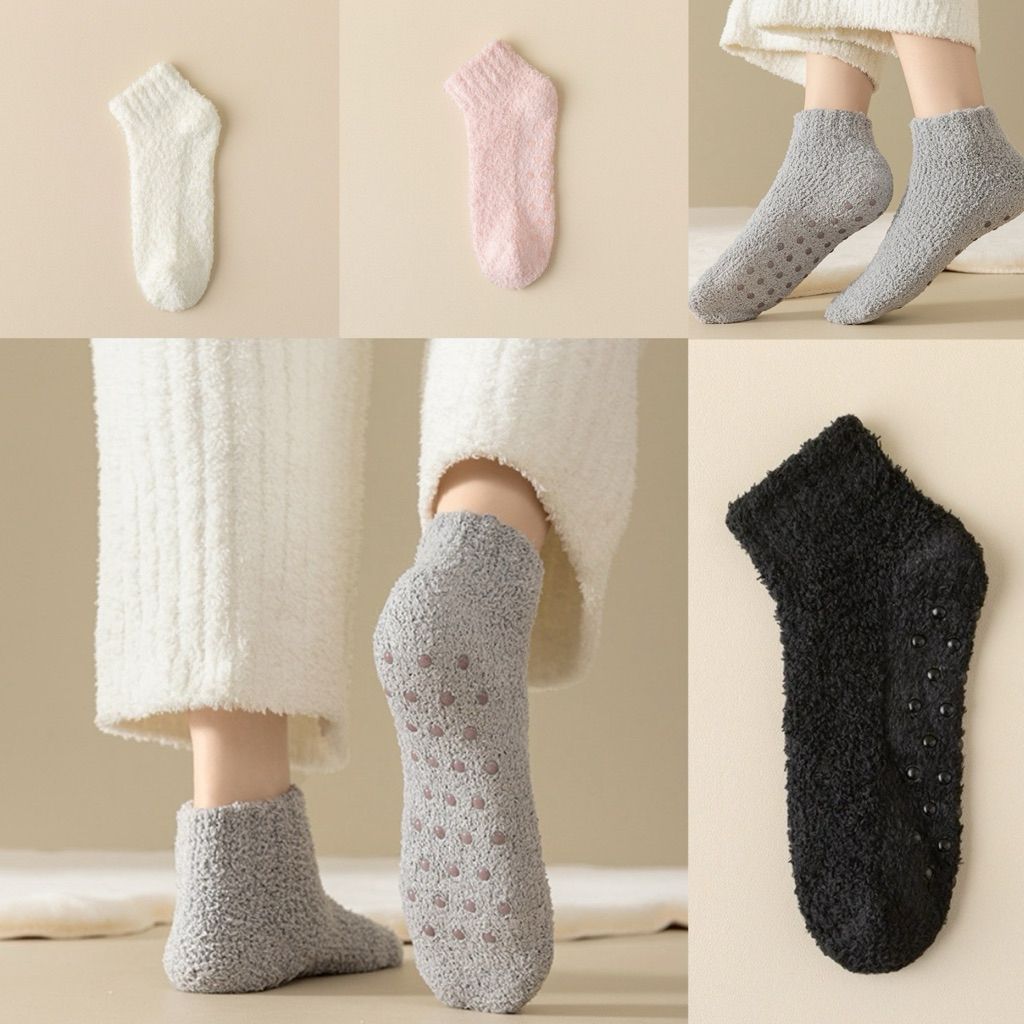 🧦🌟ขายดี มี4สี ถุงเท้าข้อสั้น กันหนาว ขนอุ่นนุ่มใส่สบาย มีปุ่มกันลื่น