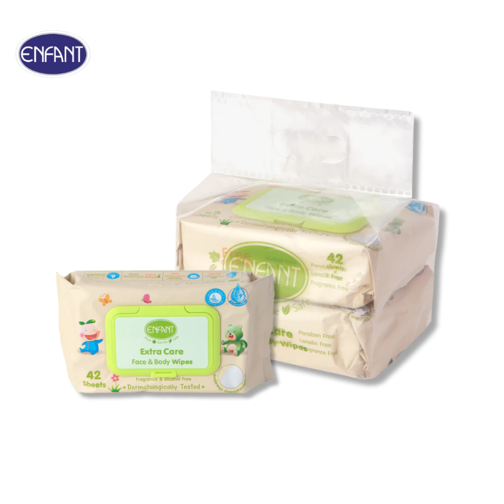 ENFANT (อองฟองต์) Extra Mild Care & Body Wipes ผ้าเช็ดทำความสะอาดแบบเปียก สูตรน้ำ EDI 99.9% 1แพ็ค/2ห่อ 42แผ่น/