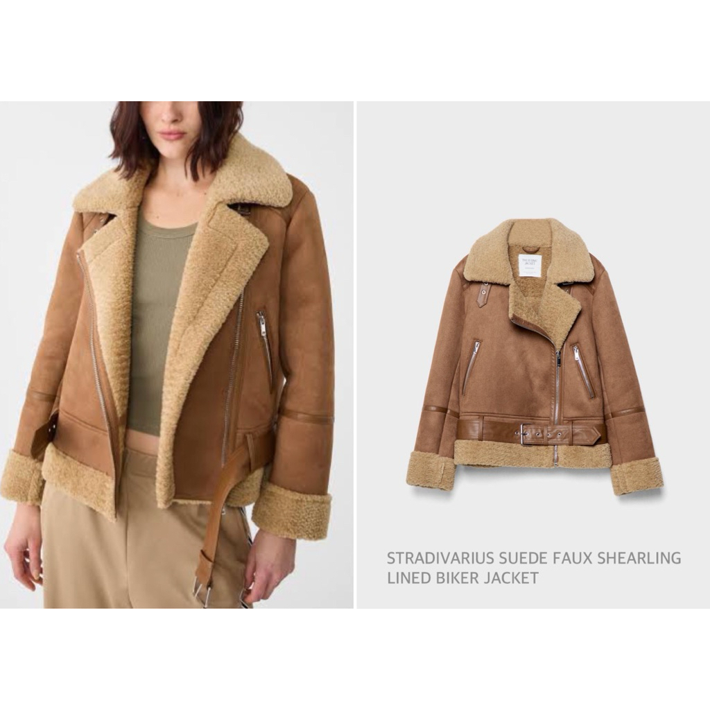 STRADIVARIUS เสื้อแจ็กเก็ต เสื้อกันหนาว คอปกกว้าง SUEDE FAUX SHEARLING LINED BIKER JACKET (C033)