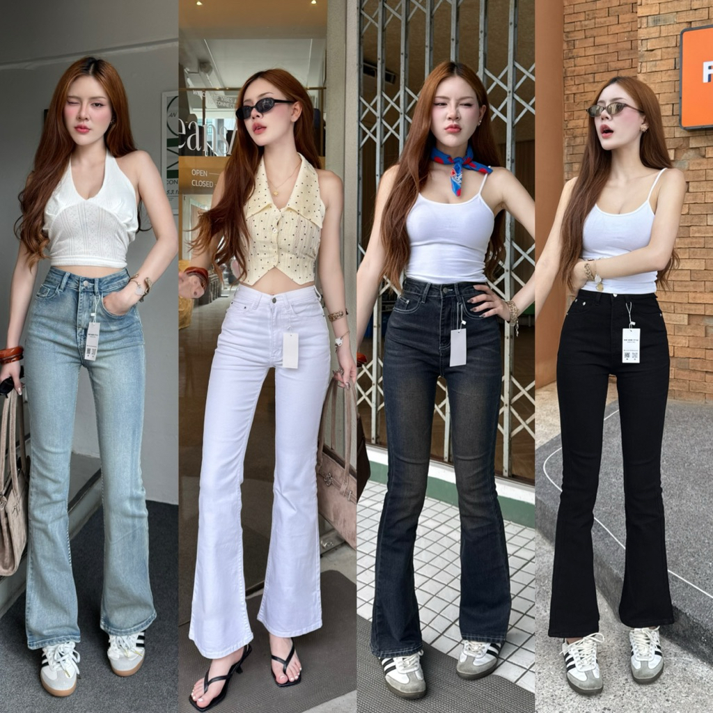ยีนส์ขาม้าผ้ายืด เอวสูง ผ้านิ่มยืดกระชับใส่สบายไม่อึดอัด แมทช์กับอะไรก็รอด(รหัสM09)