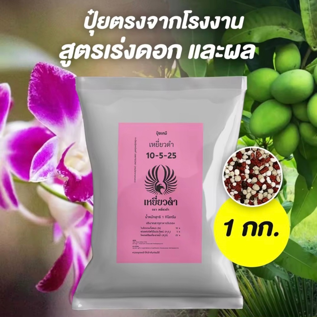 ปุ๋ยเคมี สูตร 10-5-25 ปุ๋ยมะม่วง มะนาว ไม้ผล เร่งดอก เร่งผลป้องกันผลแตก เพิ่มผลผลิตไว 1 กก. ตราเหยี่ยวดำ
