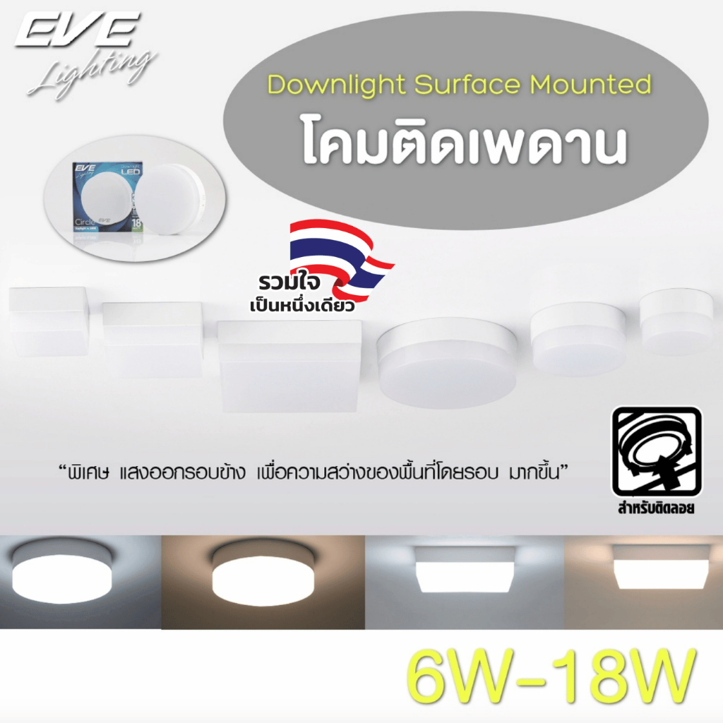 EVE โคมไฟ โคมติดเพดาน แอลอีดี LED โคมไฟติดลอย เครื่องใช้ในบ้าน แบบกลม, เหลี่ยม 6W 12W 18W แสงขาว, แส