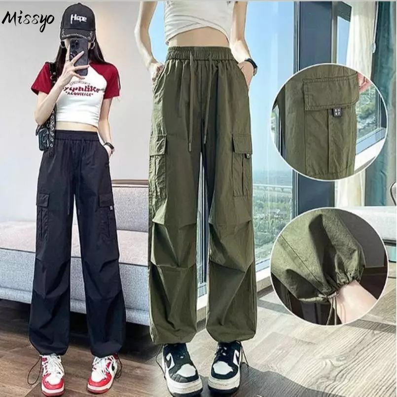 MISSYO กางเกงเอี๊ยมเอวสูงสไตล์อเมริกันสำหรับผู้หญิง กางเกงวอร์มขากว้างลำลอง เอวยางยืด ทันสมัยและใช้งานได้หลากหลาย