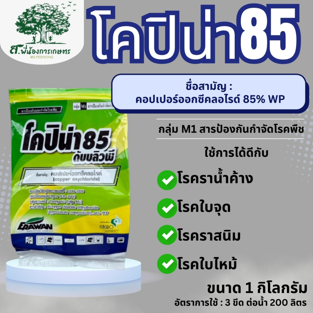 โคปิน่า 85 ดับบลิวพี คอปเปอร์ออกซีคลอไรด์ 85% WP ขนาด 1 กิโลกรัม สารป้องกันกำจัดโรคพืช โรคราสนิม โรคราน้ำค้าง โรคใบจุด