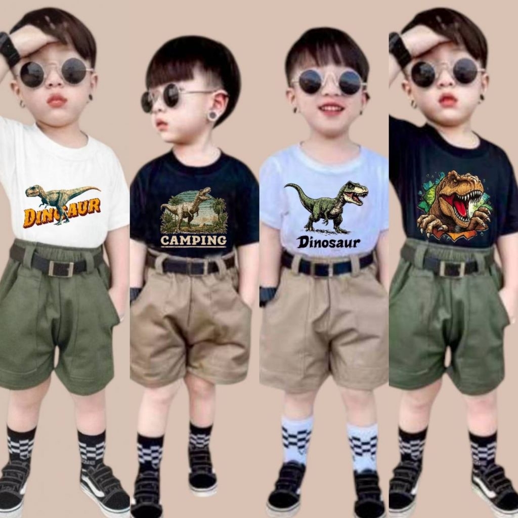 พร้อมส่ง🇹🇭เสื้อยืดพร้อมกางเกงดูไดโนเสาร์ ชุดดูไดโนเสาร์ ชุดผจญภัยเด็ก