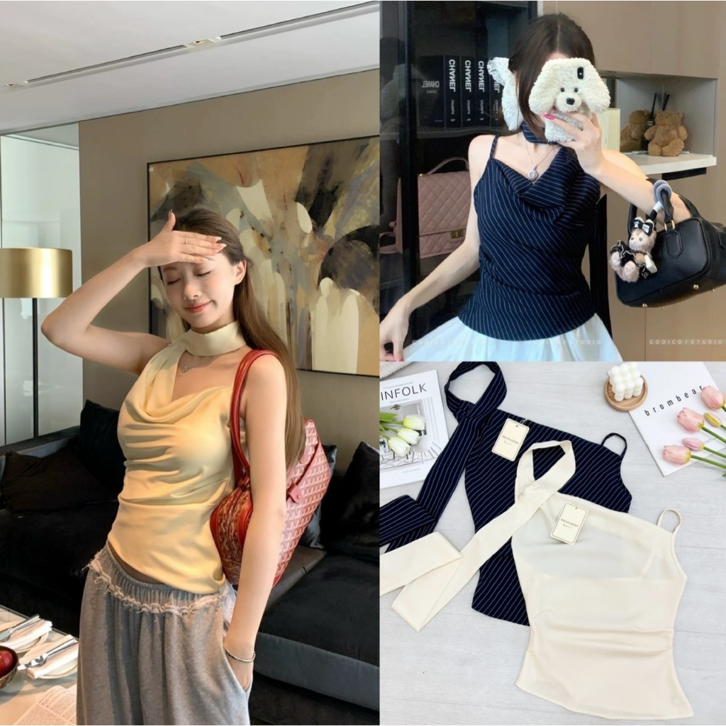 เสื้อปาดข้างแต่งผ้าคล้องคอ 2 สี: เสื้อสายเดี่ยวปาดข้างแต่งปาดคอ สีครีม เกาหลีมาก งานน่ารัก PEEKANONG (PE022)