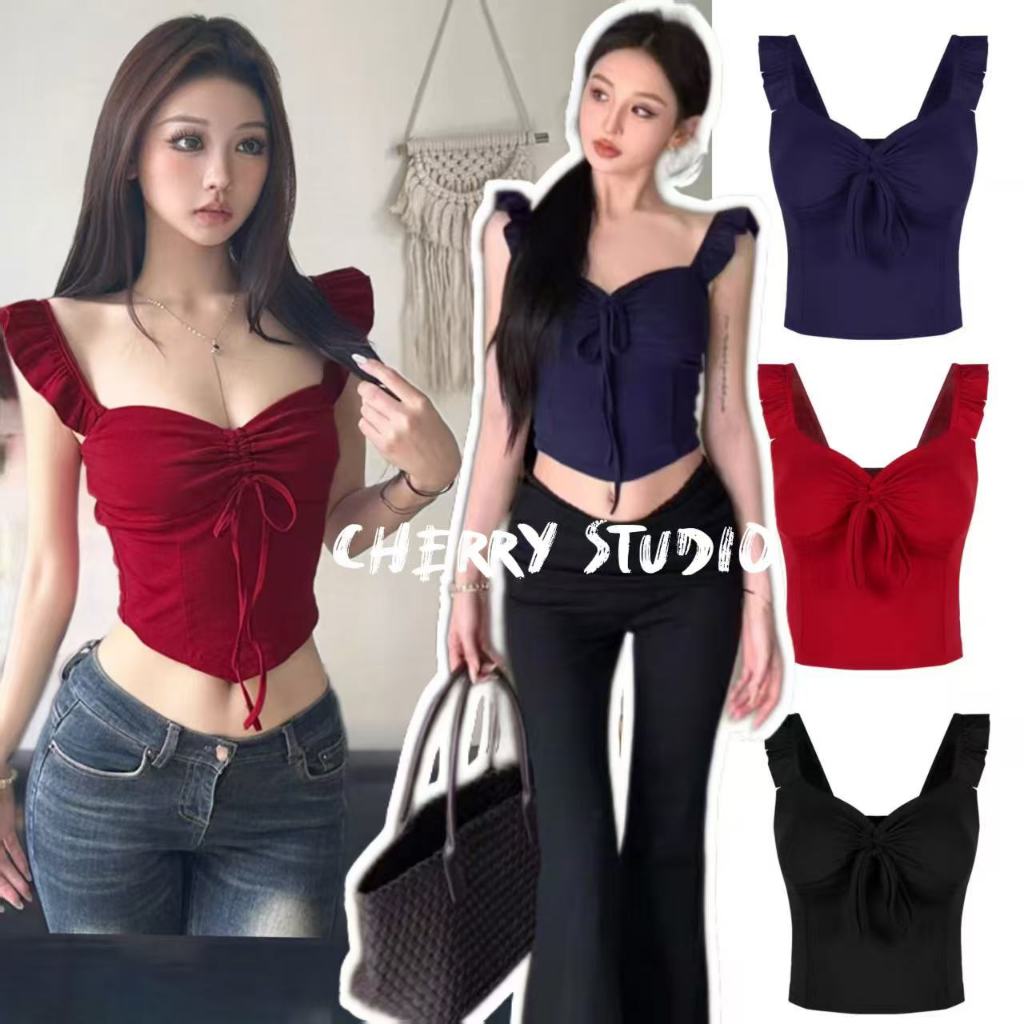 Cherry พร้อมส่ง💄เสื้อครอป เสื้อรัดรูปเซ็กซี่ผู้หญิง ผ้ายืด สไตล์ปาดไหล่ รูดเชือก สีพื้น ใส่ได้2แบบดีไซน์เก๋ไก้ กำลังฮิต