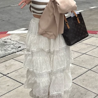 upeachme(A9) Calmcoff Skirt [เอว-40"] กระโปรงยาวแต่งลูกไม้ผ้าเกรดพรีเมียม กระโปรงยาวระบาย4ชั้น กระโปรงยาวลูกไม้