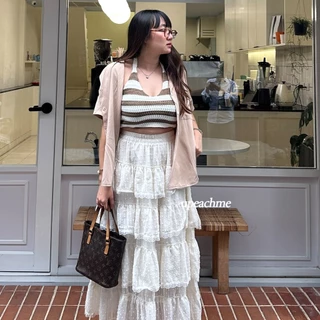 upeachme(A9) Calmcoff Skirt [เอว-40"] กระโปรงยาวแต่งลูกไม้ผ้าเกรดพรีเมียม กระโปรงยาวระบาย4ชั้น กระโปรงยาวลูกไม้