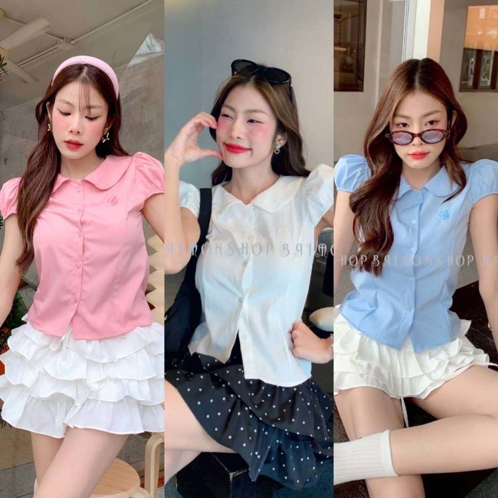🔥aimorn_shop🔥เสื้อคอปก ทรงแขนตุ๊กตาน่ารักมาก เกาหลีเกาใจสุดๆ ทรงสวย งานผ้าดี ปักหรูหรามาก