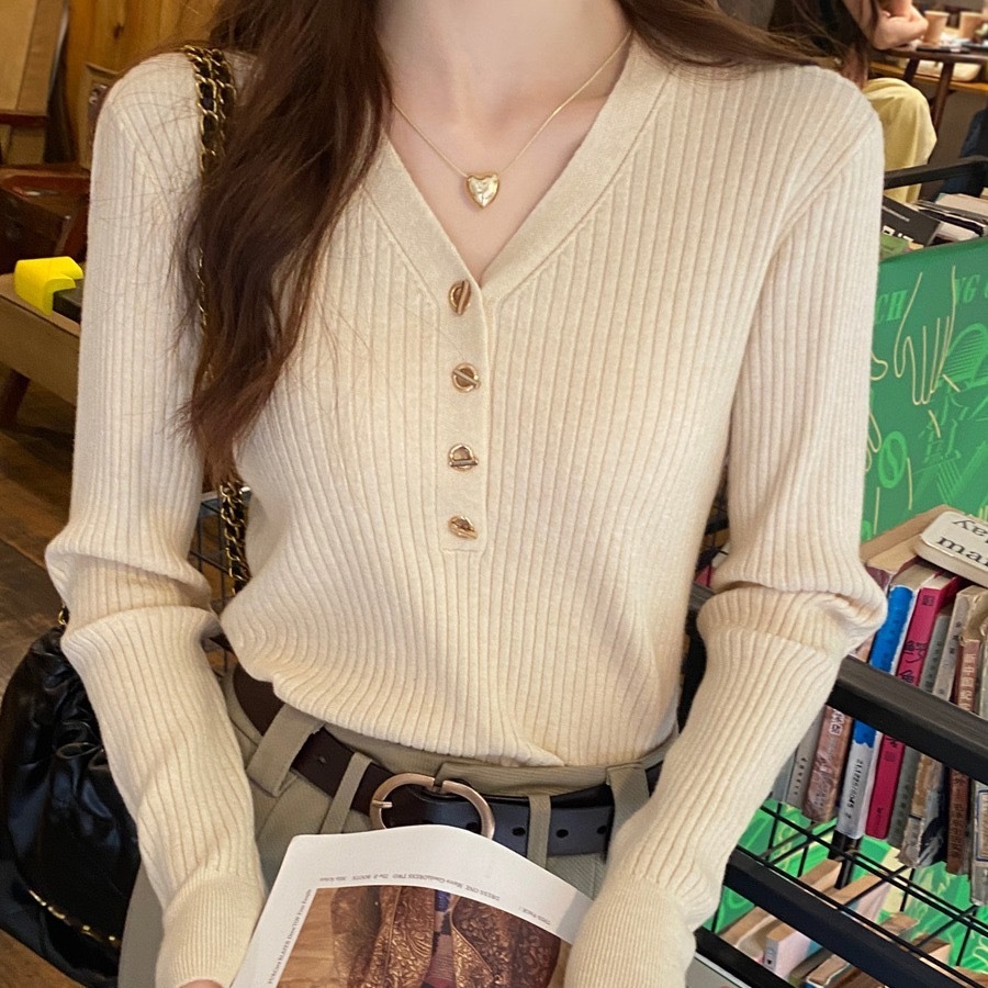 77fashion. เสื้อแขนยาว ไหมพรม คอวี ผ้าดี ใส่สบาย ใหม่ สไตส์เกาหลี