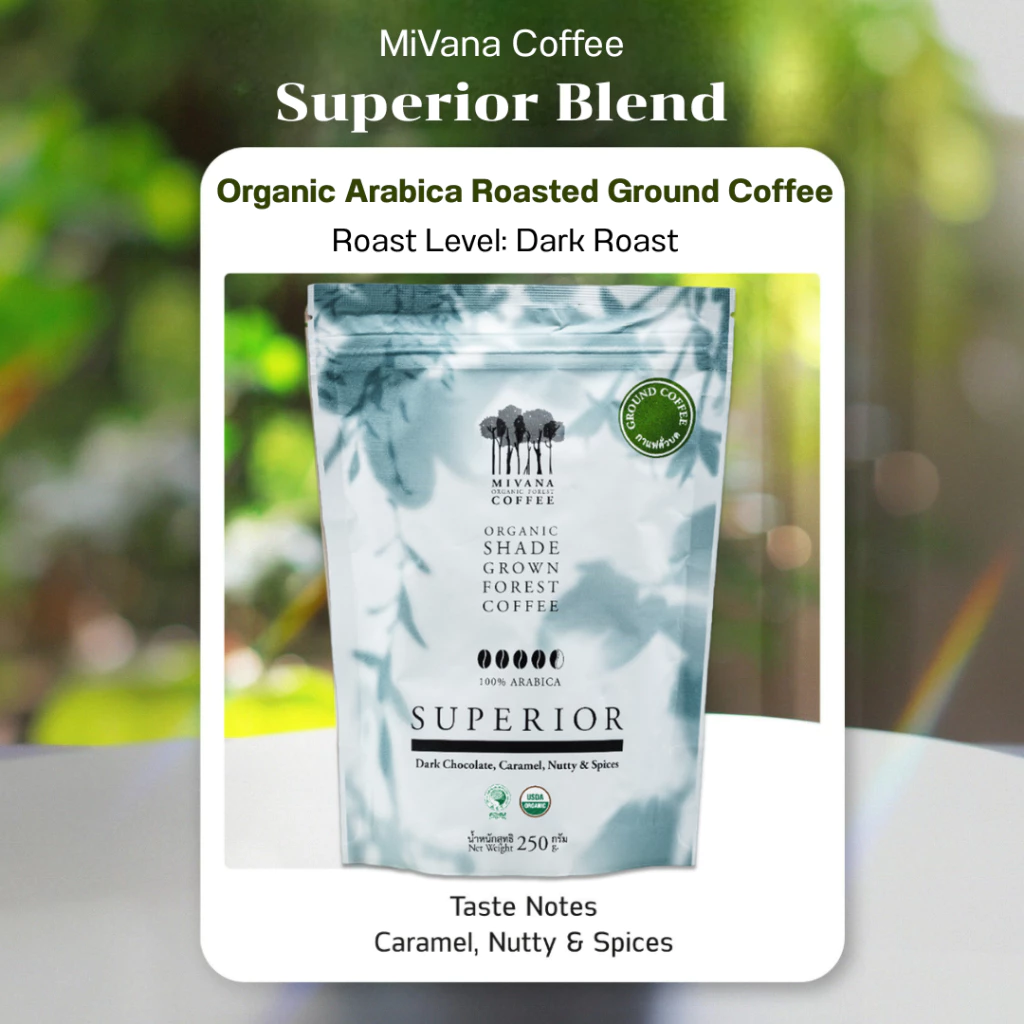 กาแฟมีวนา ซูพีเรียร์เบลนด์ คั่วบด (คั่วเข้ม) MiVana Superior Blend (Dark Roast) Ground Coffee 250g